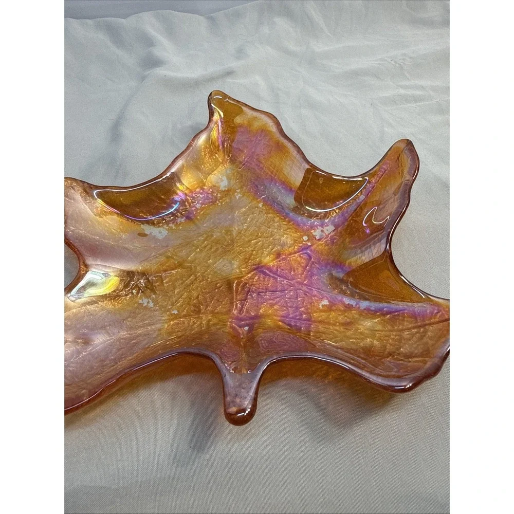 Vintage Iridescent Marigold Art Glass Maple Leaf Dish Candy Bowl Fall Decor